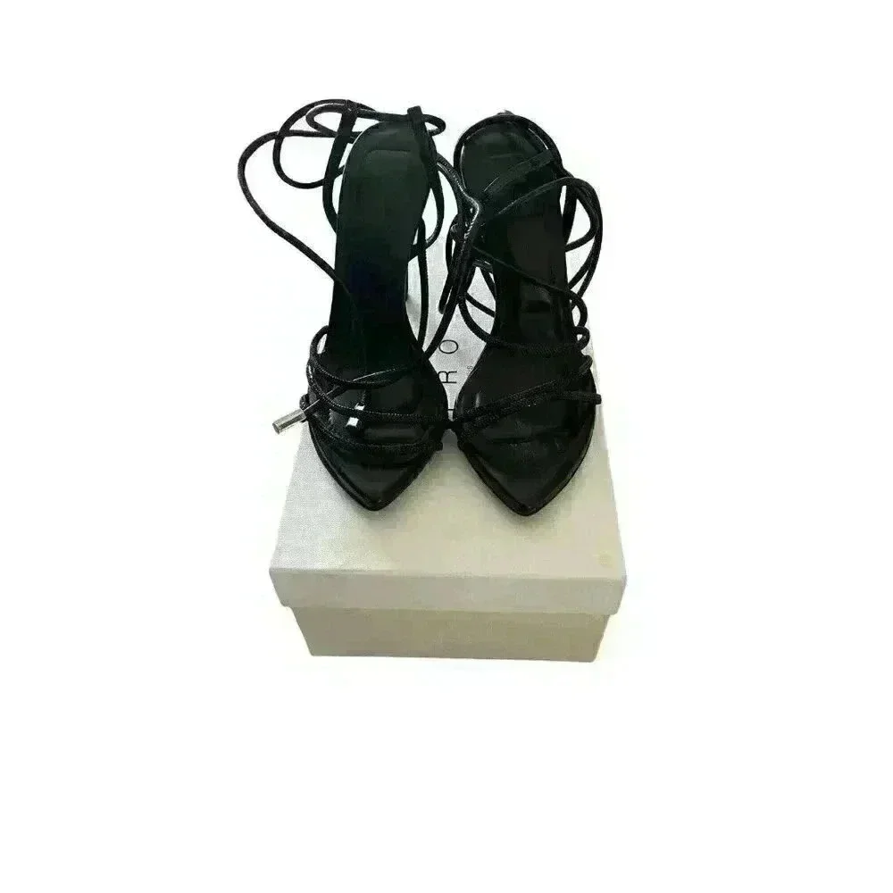 IRO PARIS IDO High Black Strass Leather Sandal Heels Rhinestones Lace Up Sz 37/7
